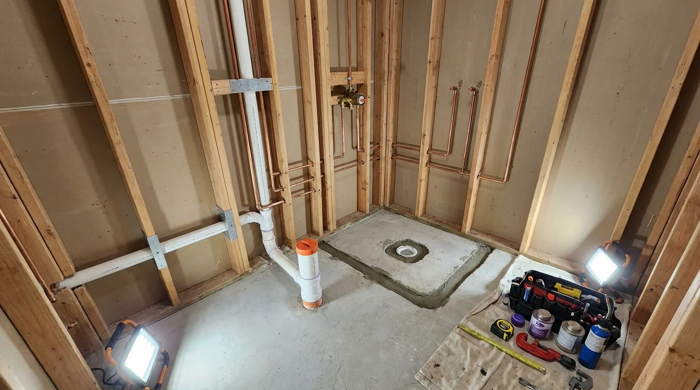 Bathroom rough-in plumbing during remodel by Johns Plumbing LLC in Two Harbors