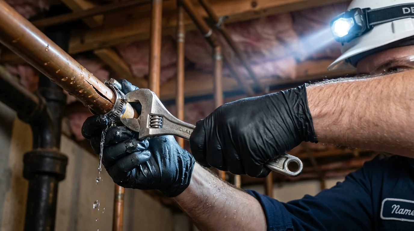 Emergency pipe clamp repair being performed by a Johns Plumbing LLC plumber in Two Harbors