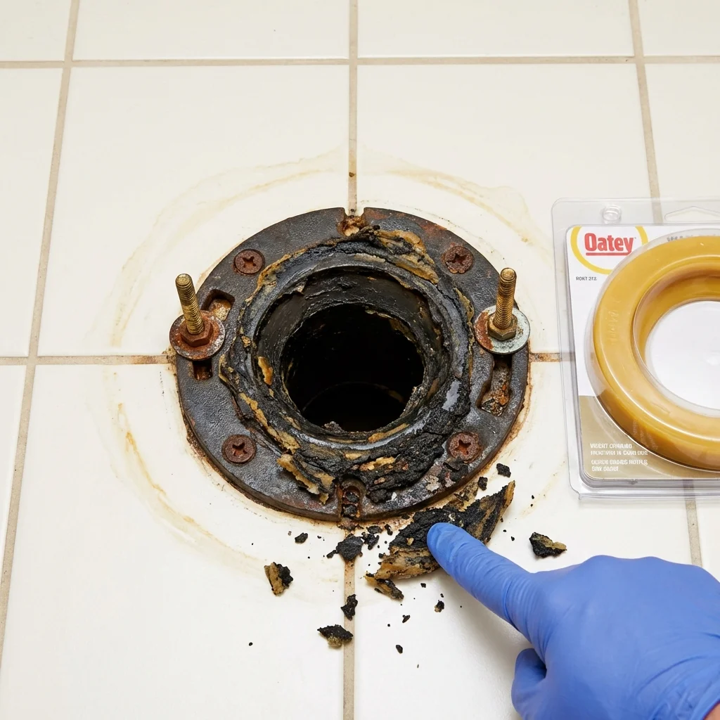 Failed wax ring showing water seepage at the base of a toilet in a Two Harbors, MN home